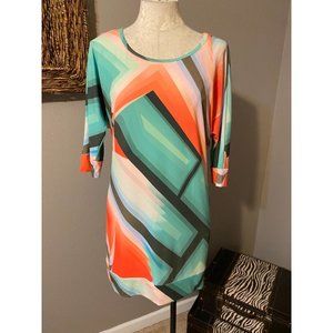 Trina Turk Dress Orange Teal Black 4 Small Stretch Short Sleeve Stretch Shift